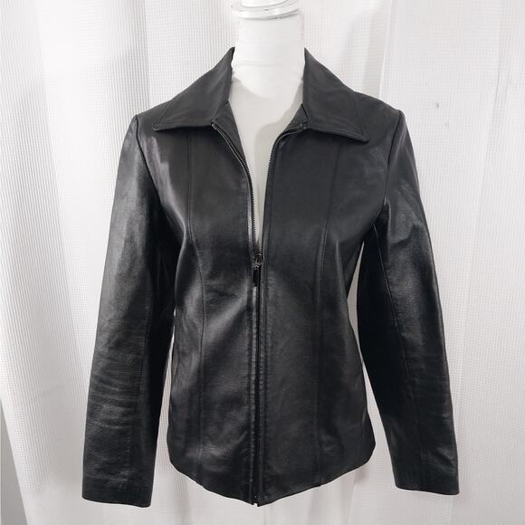 NEW YORK & CO.! BLACK GENUINE LEATHER STREAMLINED & SLEEK JACKET, COAT! SZ S - Picture 2 of 11